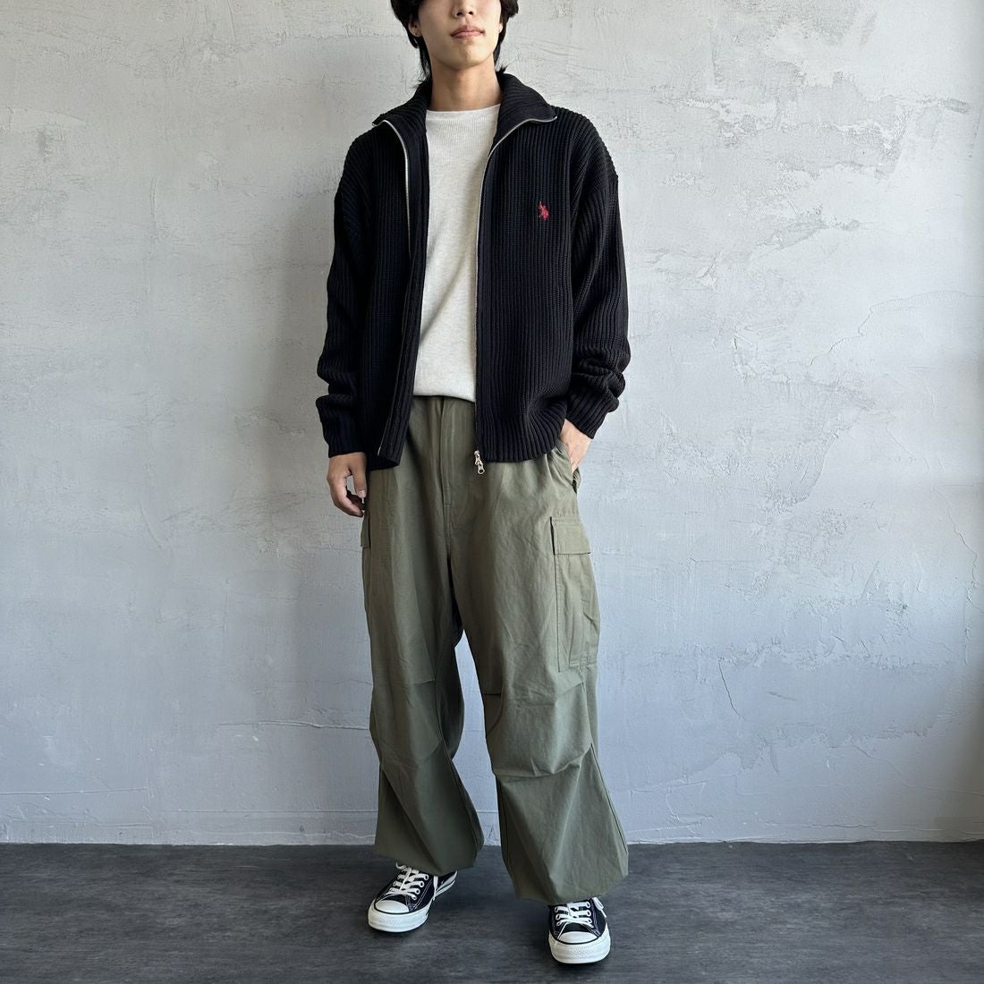 U.S.POLO ASSN. [ユーエスポロアッスン] 別注 ワンポイントロゴ刺繍 ドライバーズニットカーディガン [PLM43409IN-JF] ﾌﾞﾗｯｸ&&モデル身長：179cm 着用サイズ：L&&