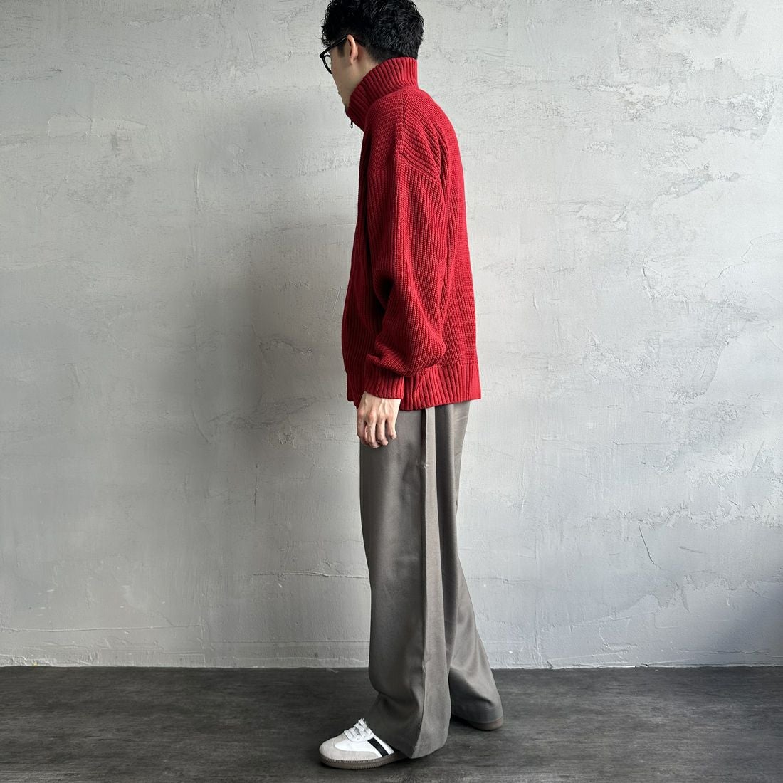 U.S.POLO ASSN. [ユーエスポロアッスン] 別注 ワンポイントロゴ刺繍 ドライバーズニットカーディガン [PLM43409IN-JF] ﾚｯﾄﾞ&&モデル身長：168cm 着用サイズ：M&&