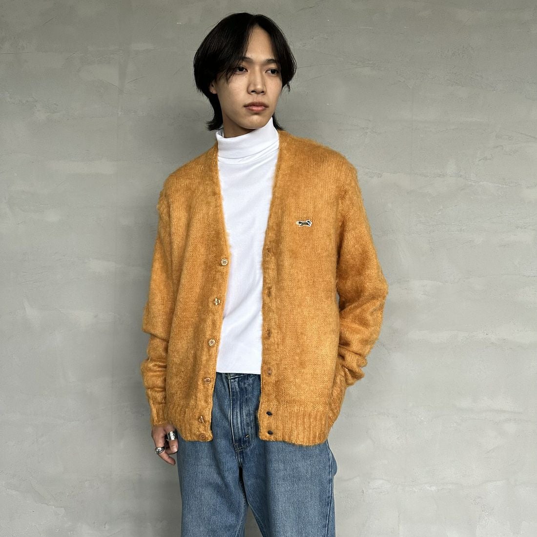 THE FOX [ザフォックス] 別注 シャギーモヘアカーディガン [PN24F010-JF] MUSTARD &&モデル身長：179cm 着用サイズ：M&&
