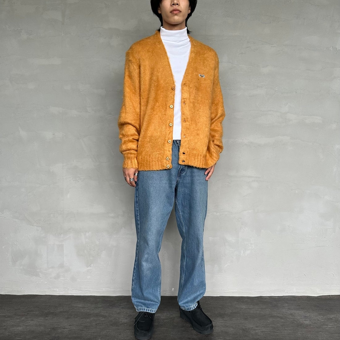 THE FOX [ザフォックス] 別注 シャギーモヘアカーディガン [PN24F010-JF] MUSTARD &&モデル身長：179cm 着用サイズ：M&&