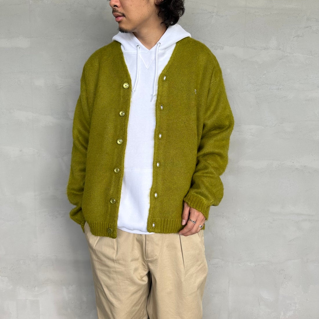 THE FOX [ザフォックス] 別注 シャギーモヘアカーディガン [PN24F010-JF] GREEN &&モデル身長：173cm 着用サイズ：M&&