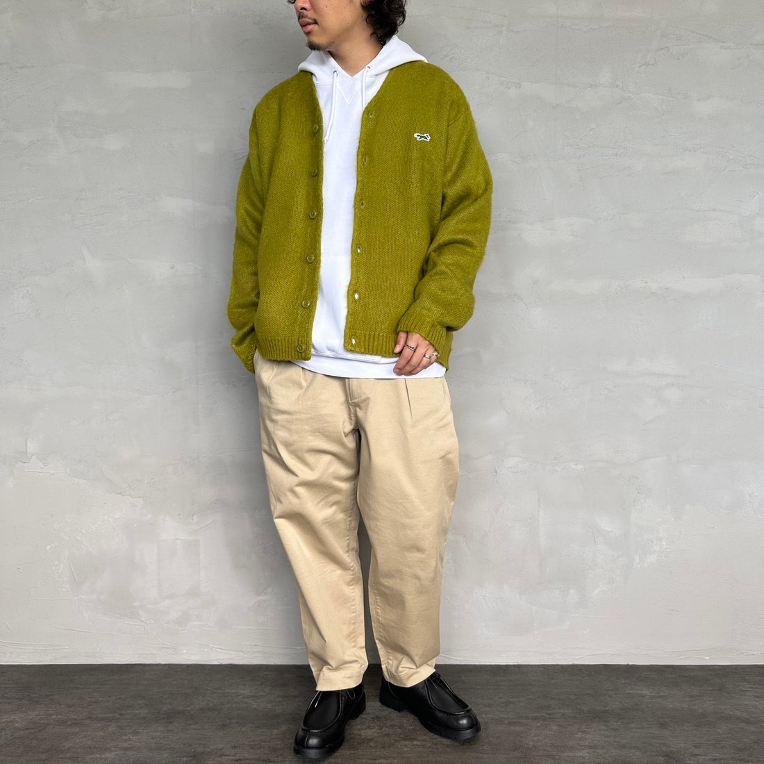 THE FOX [ザフォックス] 別注 シャギーモヘアカーディガン [PN24F010-JF] GREEN &&モデル身長：173cm 着用サイズ：M&&