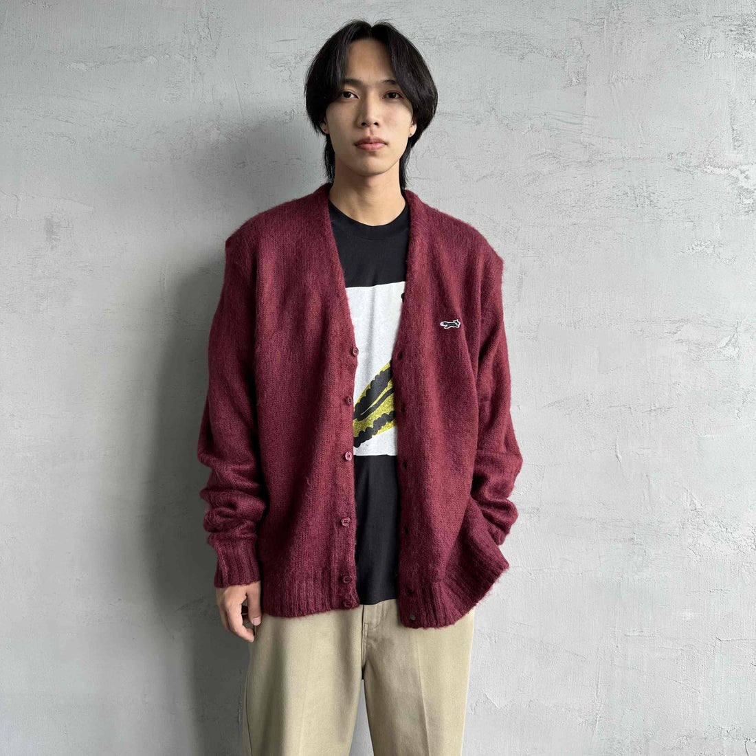 THE FOX [ザフォックス] 別注 シャギーモヘアカーディガン [PN24F010-JF] BURGUNDY &&モデル身長：179cm 着用サイズ：L&&