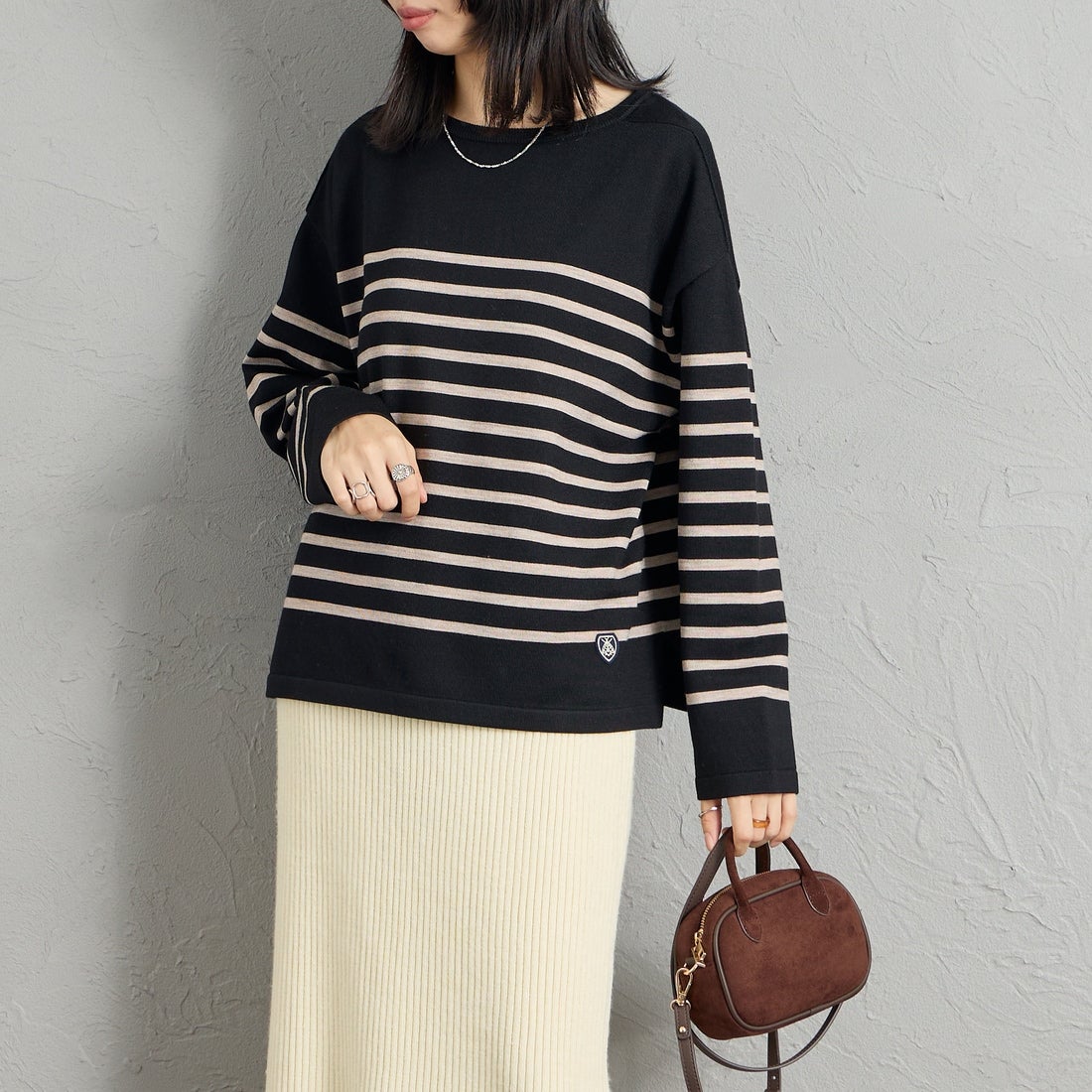 ORCIVAL [オーシバル] ウールプレーティング ボートネックニット [OR-D0101CRA] BK/TOP BEG &&モデル身長：162cm 着用サイズ：1&&