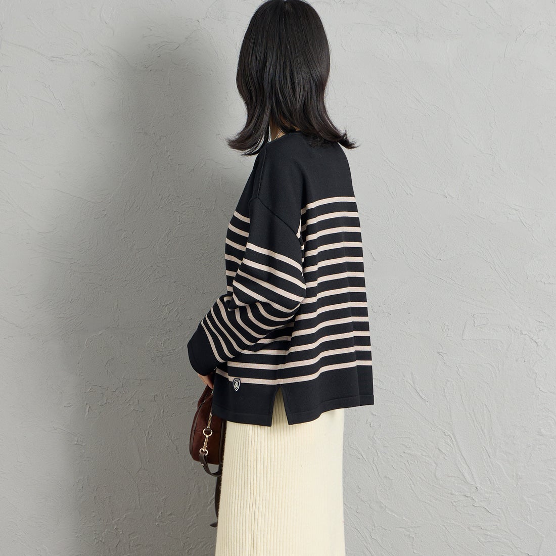 ORCIVAL [オーシバル] ウールプレーティング ボートネックニット [OR-D0101CRA] BK/TOP BEG &&モデル身長：162cm 着用サイズ：1&&