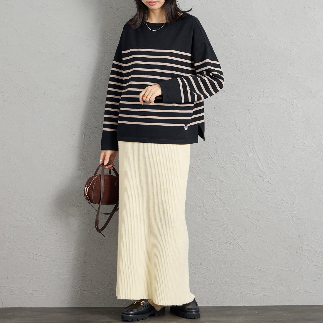 ORCIVAL [オーシバル] ウールプレーティング ボートネックニット [OR-D0101CRA] BK/TOP BEG &&モデル身長：162cm 着用サイズ：1&&