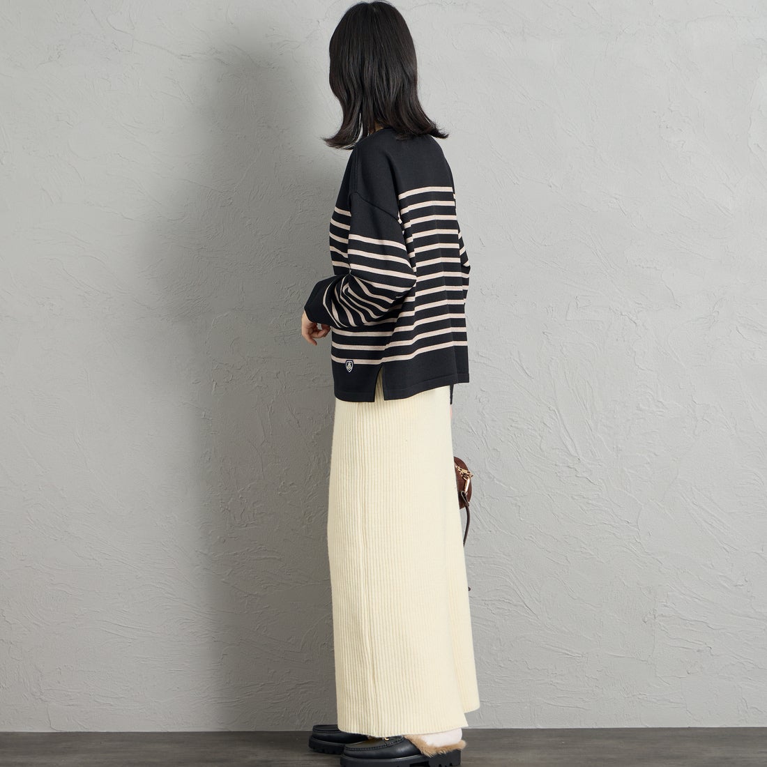 ORCIVAL [オーシバル] ウールプレーティング ボートネックニット [OR-D0101CRA] BK/TOP BEG &&モデル身長：162cm 着用サイズ：1&&
