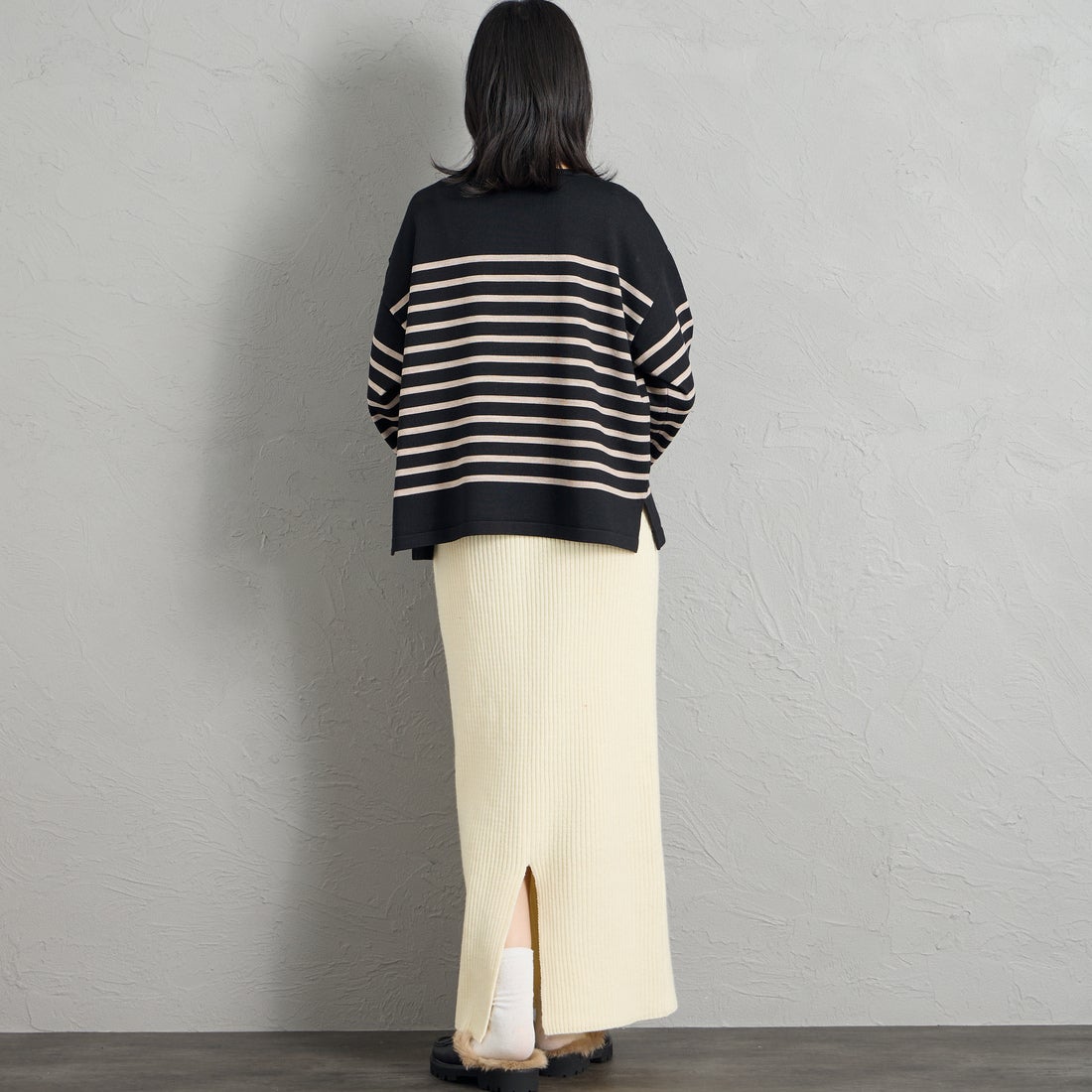 ORCIVAL [オーシバル] ウールプレーティング ボートネックニット [OR-D0101CRA] BK/TOP BEG &&モデル身長：162cm 着用サイズ：1&&