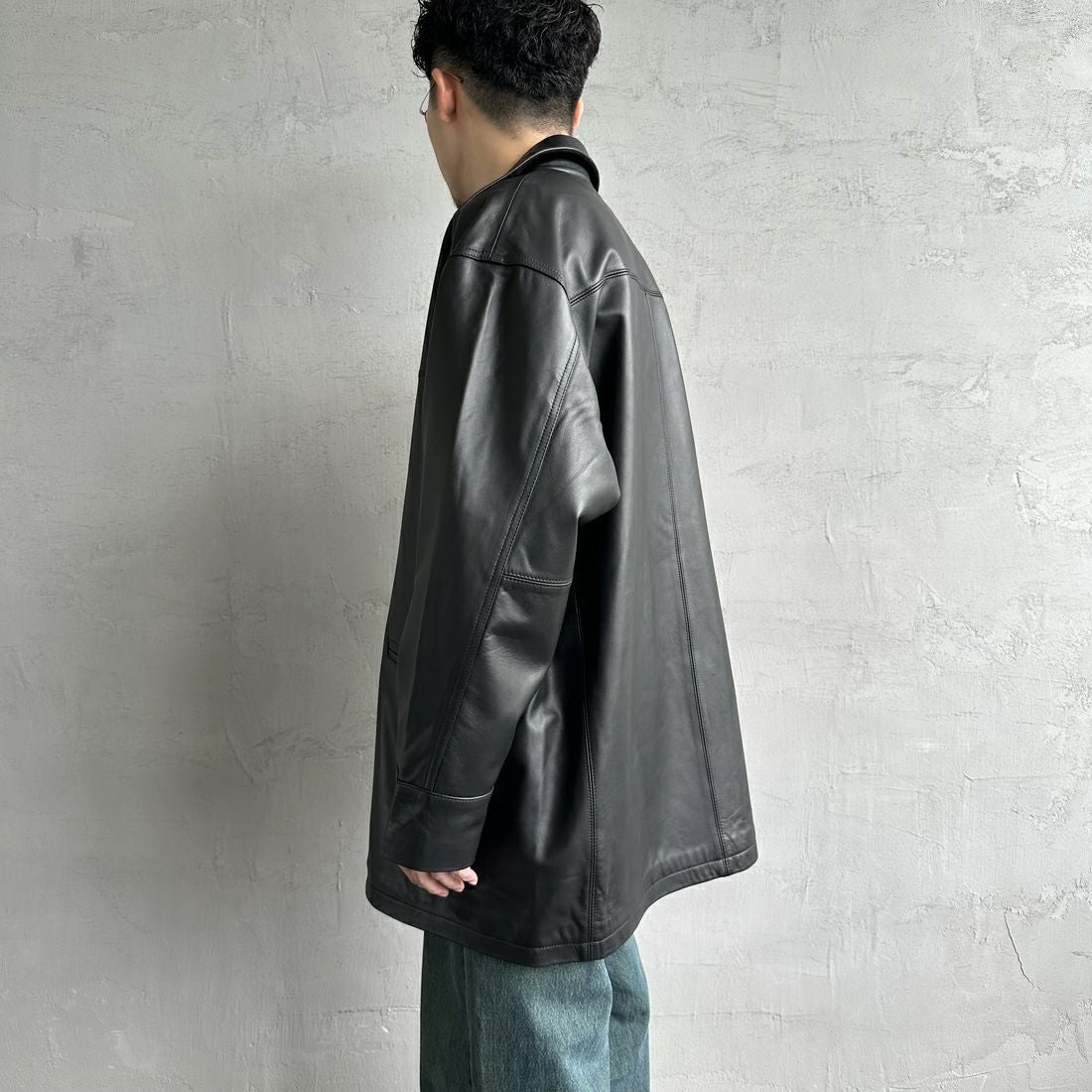 Jeans Factory Clothes [ジーンズファクトリークローズ] ラムレザーカーコート [24411JF] BLACK &&モデル身長：168cm 着用サイズ：L&&