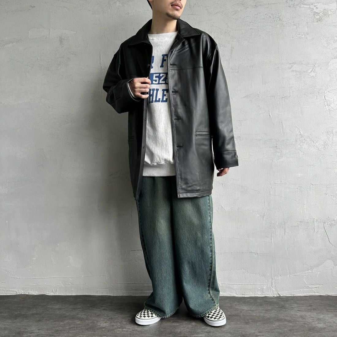 Jeans Factory Clothes [ジーンズファクトリークローズ] ラムレザーカーコート [24411JF] BLACK &&モデル身長：168cm 着用サイズ：L&&