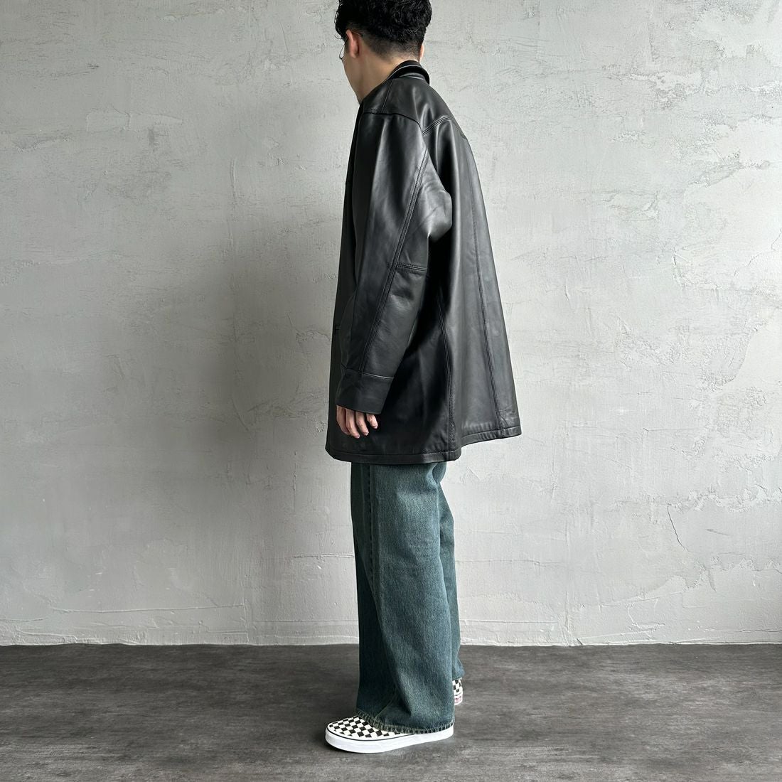 Jeans Factory Clothes [ジーンズファクトリークローズ] ラムレザーカーコート [24411JF] BLACK &&モデル身長：168cm 着用サイズ：L&&