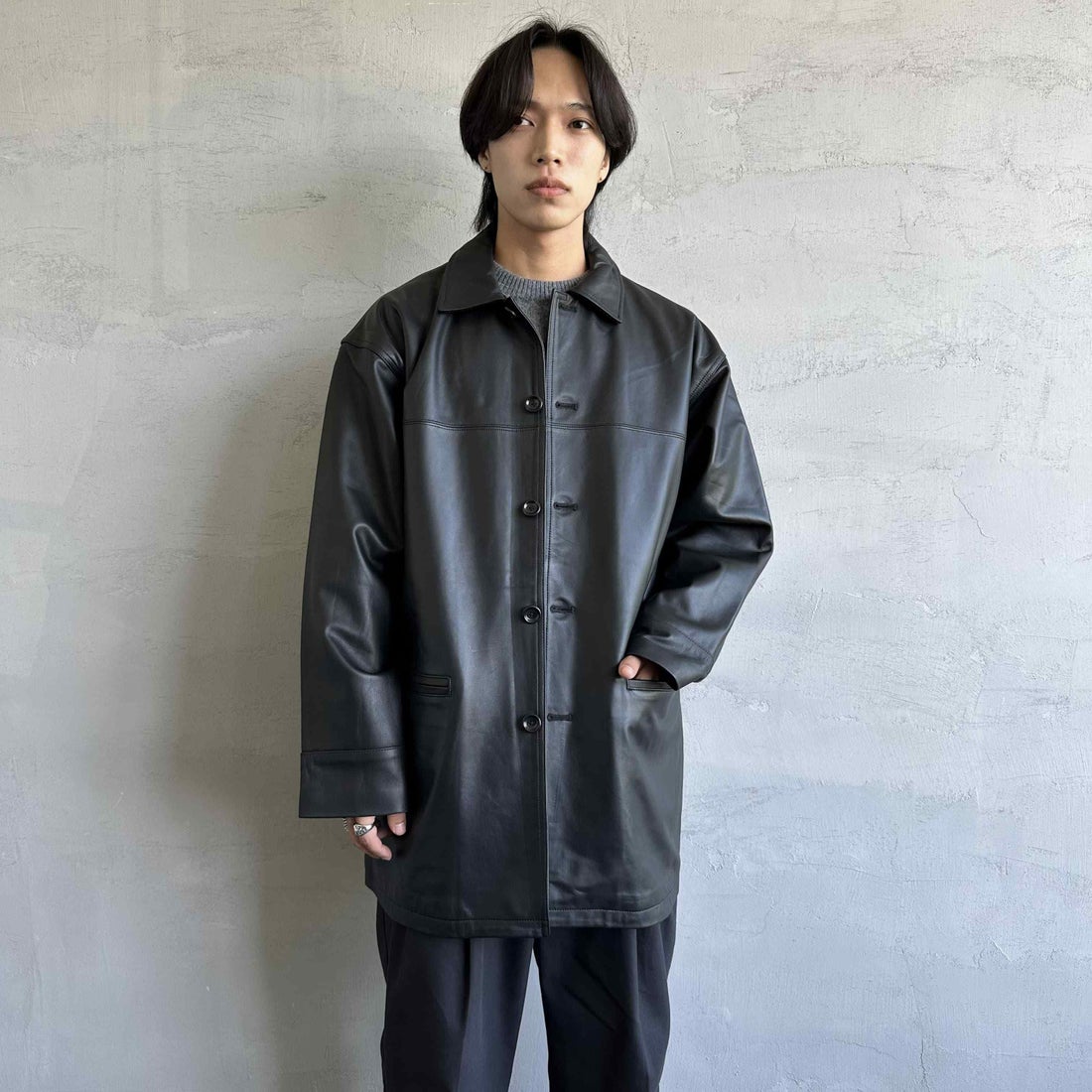 Jeans Factory Clothes [ジーンズファクトリークローズ] ラムレザーカーコート [24411JF] BLACK &&モデル身長：179cm 着用サイズ：XL&&