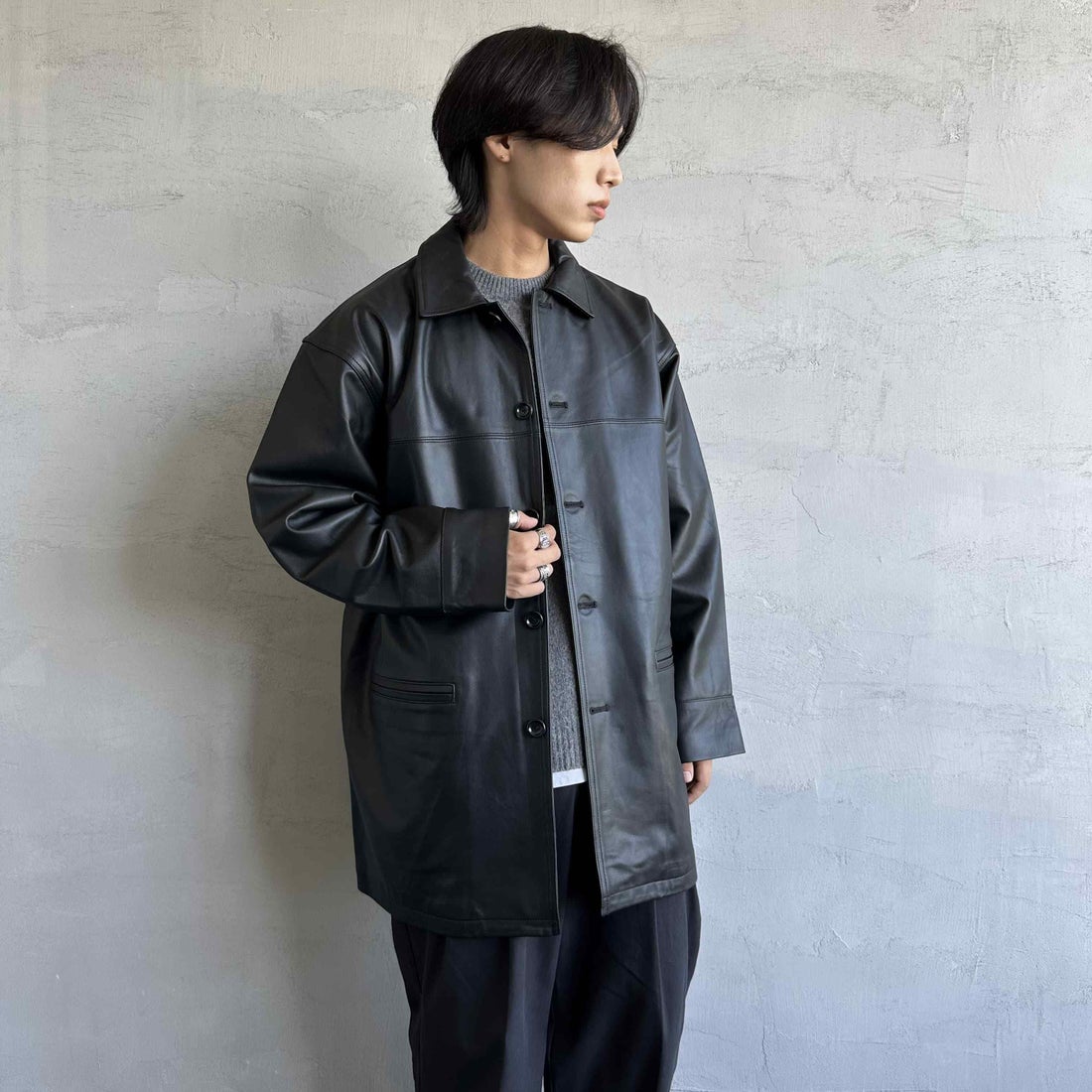 Jeans Factory Clothes [ジーンズファクトリークローズ] ラムレザーカーコート [24411JF] BLACK &&モデル身長：179cm 着用サイズ：XL&&
