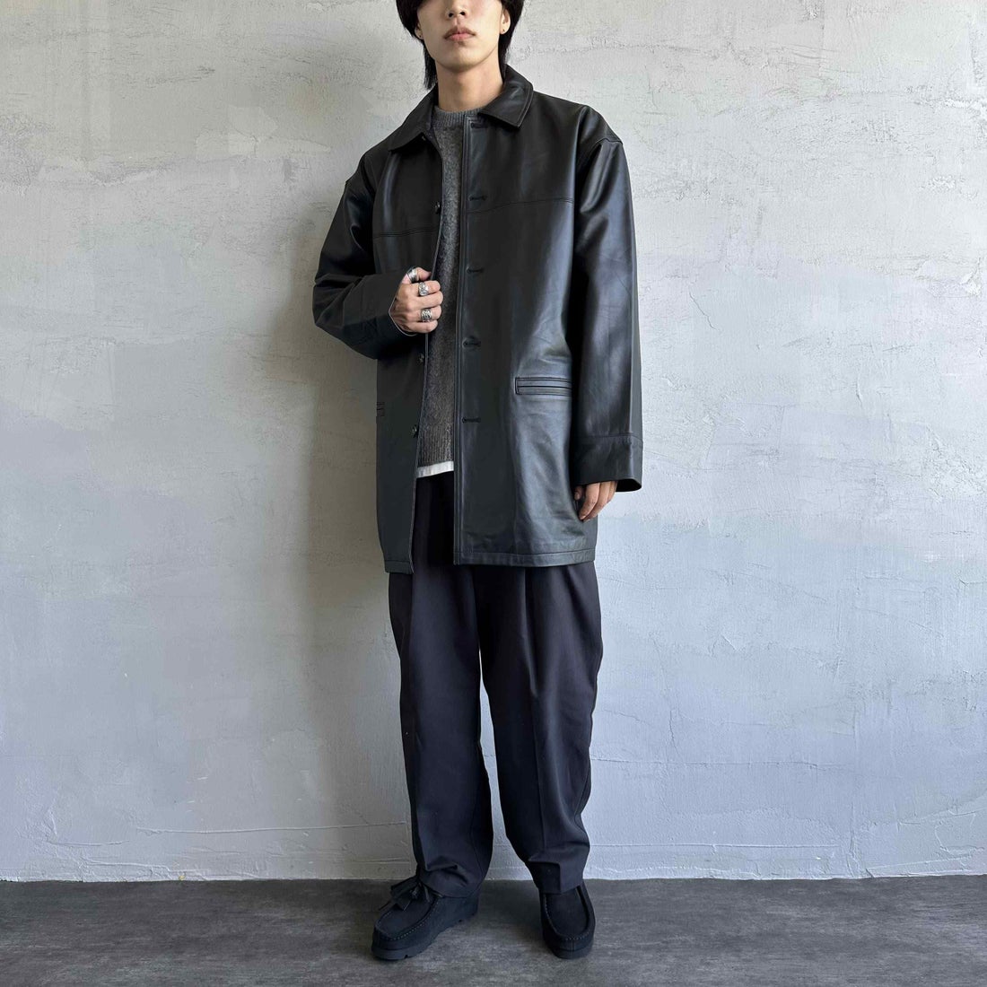 Jeans Factory Clothes [ジーンズファクトリークローズ] ラムレザーカーコート [24411JF] BLACK &&モデル身長：179cm 着用サイズ：XL&&