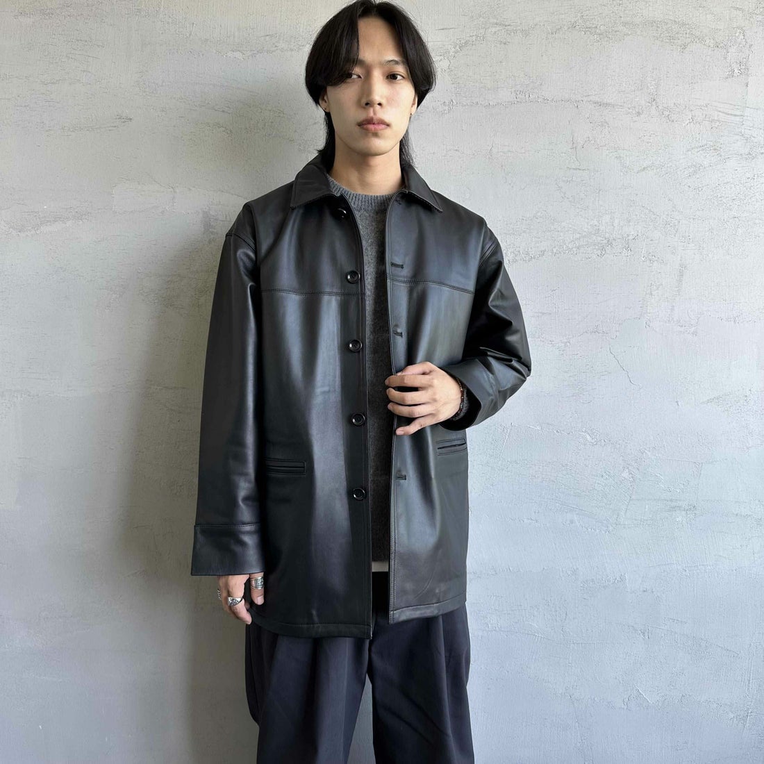 Jeans Factory Clothes [ジーンズファクトリークローズ] ラムレザーカーコート [24411JF] BLACK &&モデル身長：179cm 着用サイズ：M&&