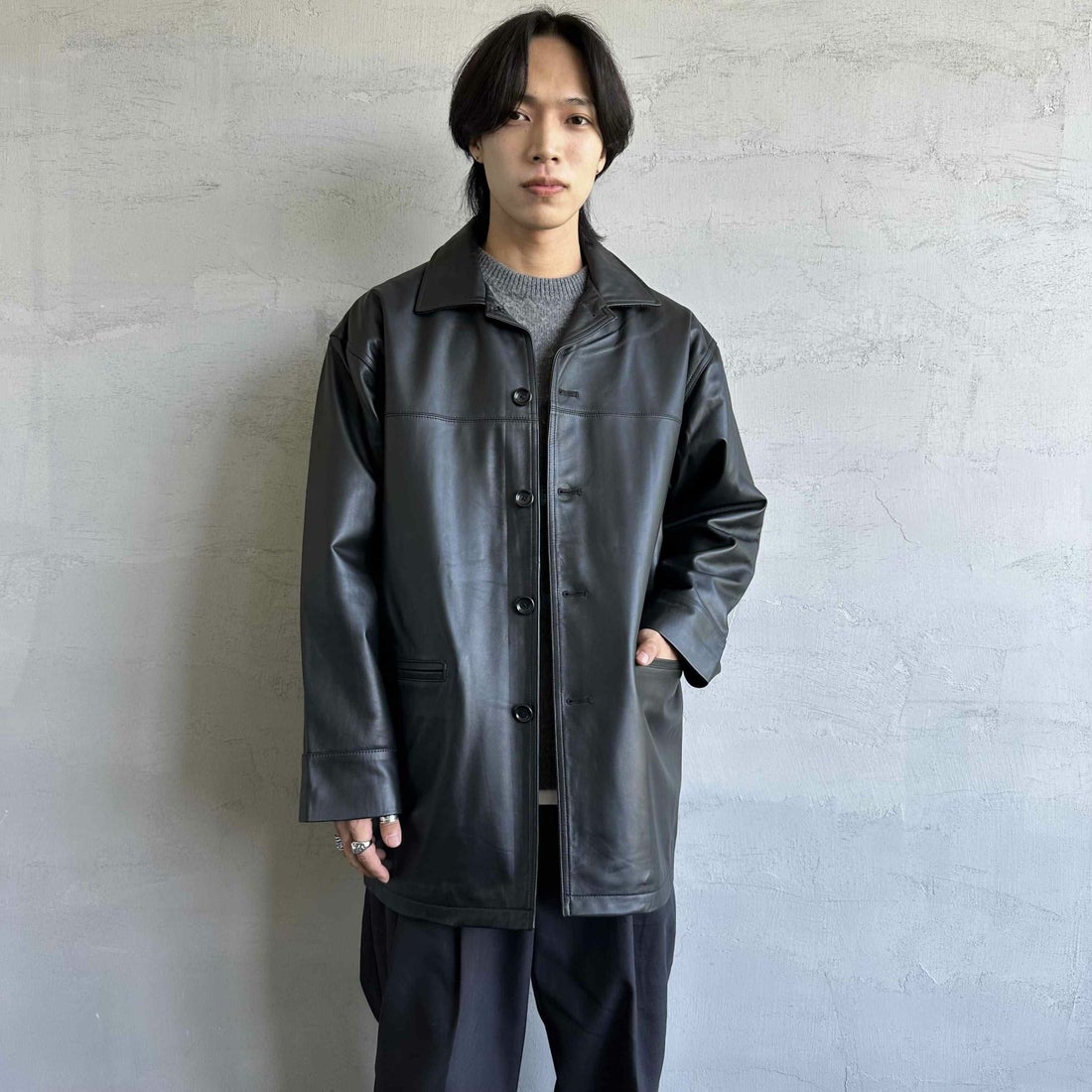 Jeans Factory Clothes [ジーンズファクトリークローズ] ラムレザーカーコート [24411JF] BLACK &&モデル身長：179cm 着用サイズ：L&&