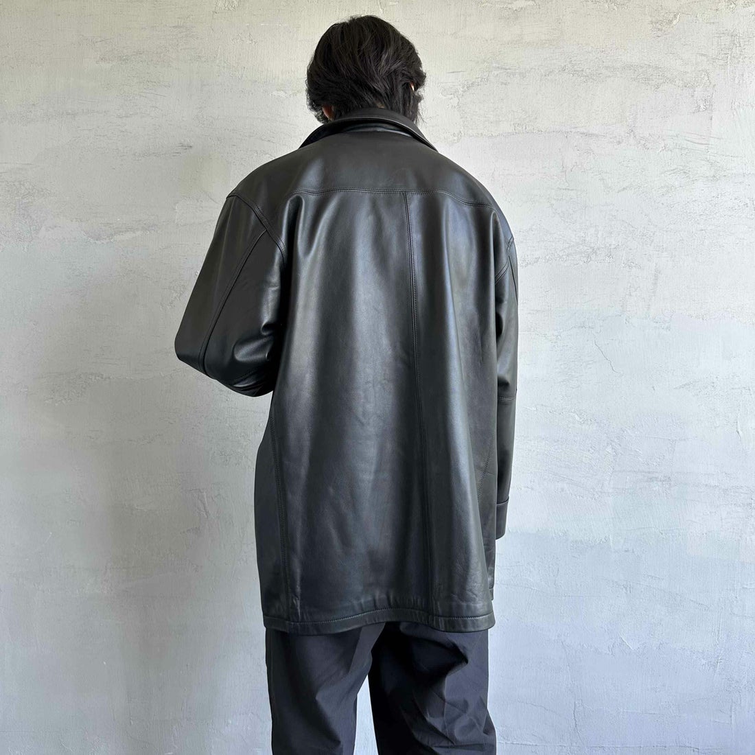 Jeans Factory Clothes [ジーンズファクトリークローズ] ラムレザーカーコート [24411JF] BLACK &&モデル身長：179cm 着用サイズ：L&&