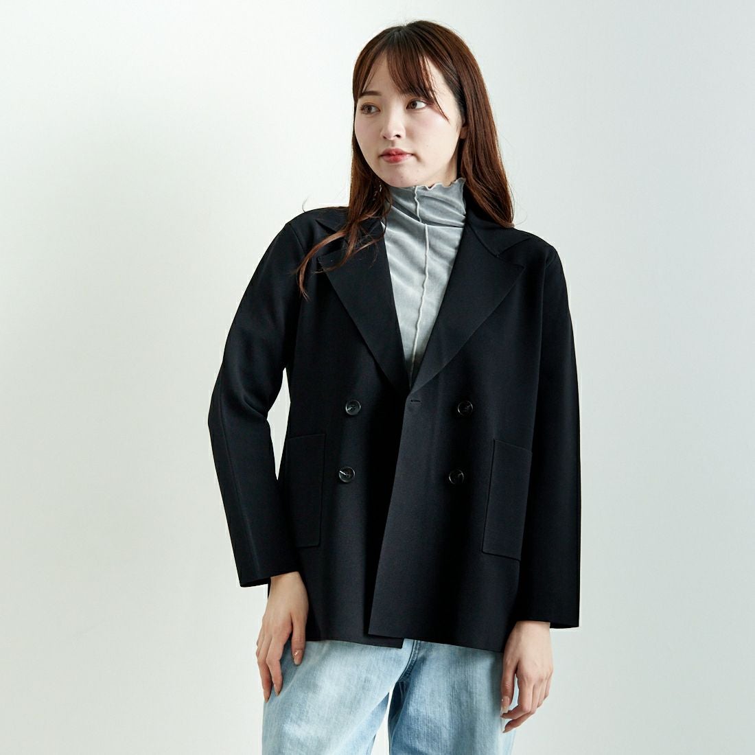 Jeans Factory Clothes [ジーンズファクトリークローズ] ニットテーラードジャケット [11243811] ﾌﾞﾗｯｸ &&モデル身長：167cm 着用サイズ：F&&