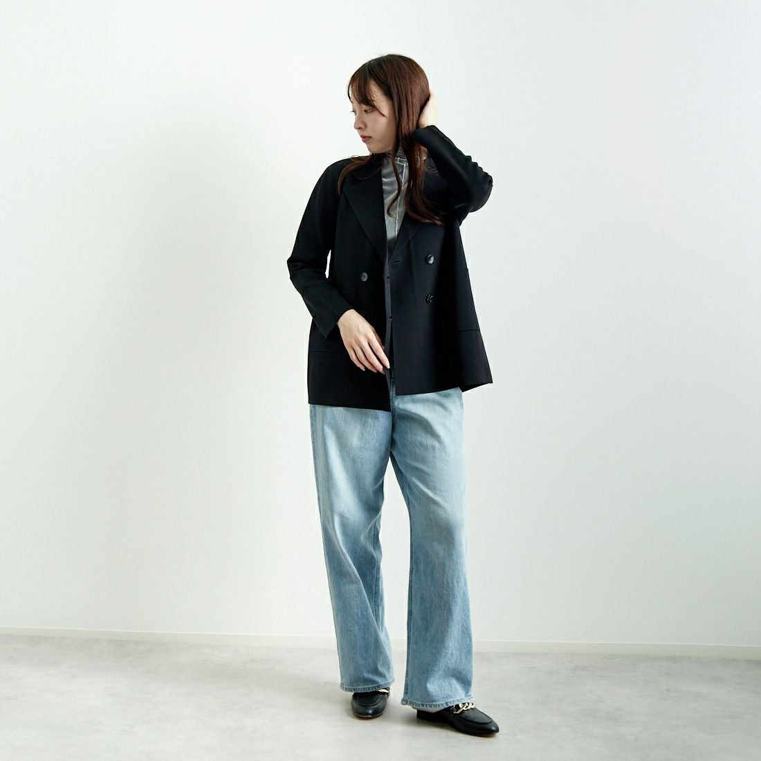 Jeans Factory Clothes [ジーンズファクトリークローズ] ニットテーラードジャケット [11243811] ﾌﾞﾗｯｸ &&モデル身長：167cm 着用サイズ：F&&