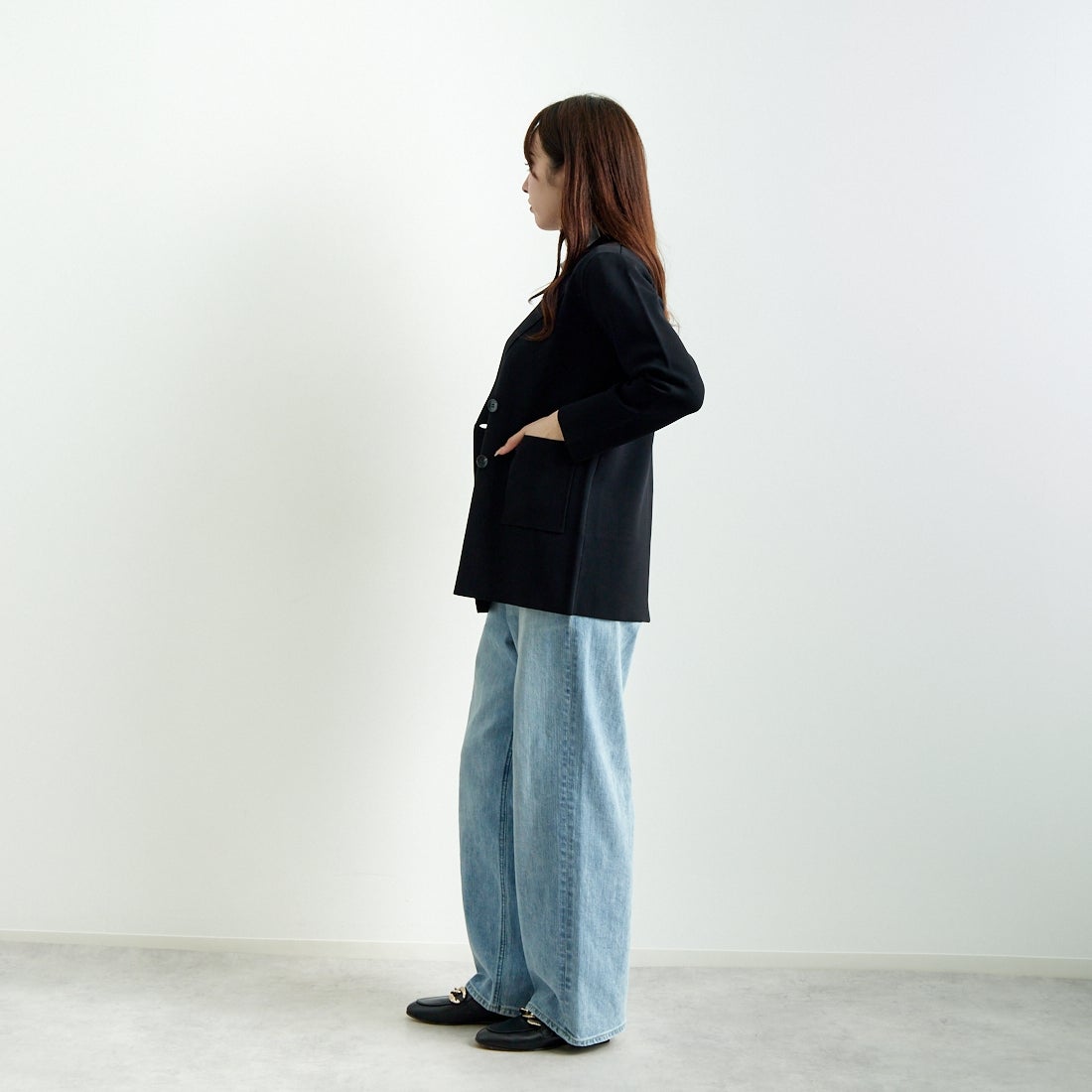 Jeans Factory Clothes [ジーンズファクトリークローズ] ニットテーラードジャケット [11243811] ﾌﾞﾗｯｸ &&モデル身長：167cm 着用サイズ：F&&