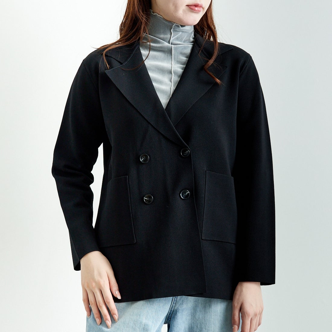 Jeans Factory Clothes [ジーンズファクトリークローズ] ニットテーラードジャケット [11243811] ﾌﾞﾗｯｸ &&モデル身長：167cm 着用サイズ：F&&