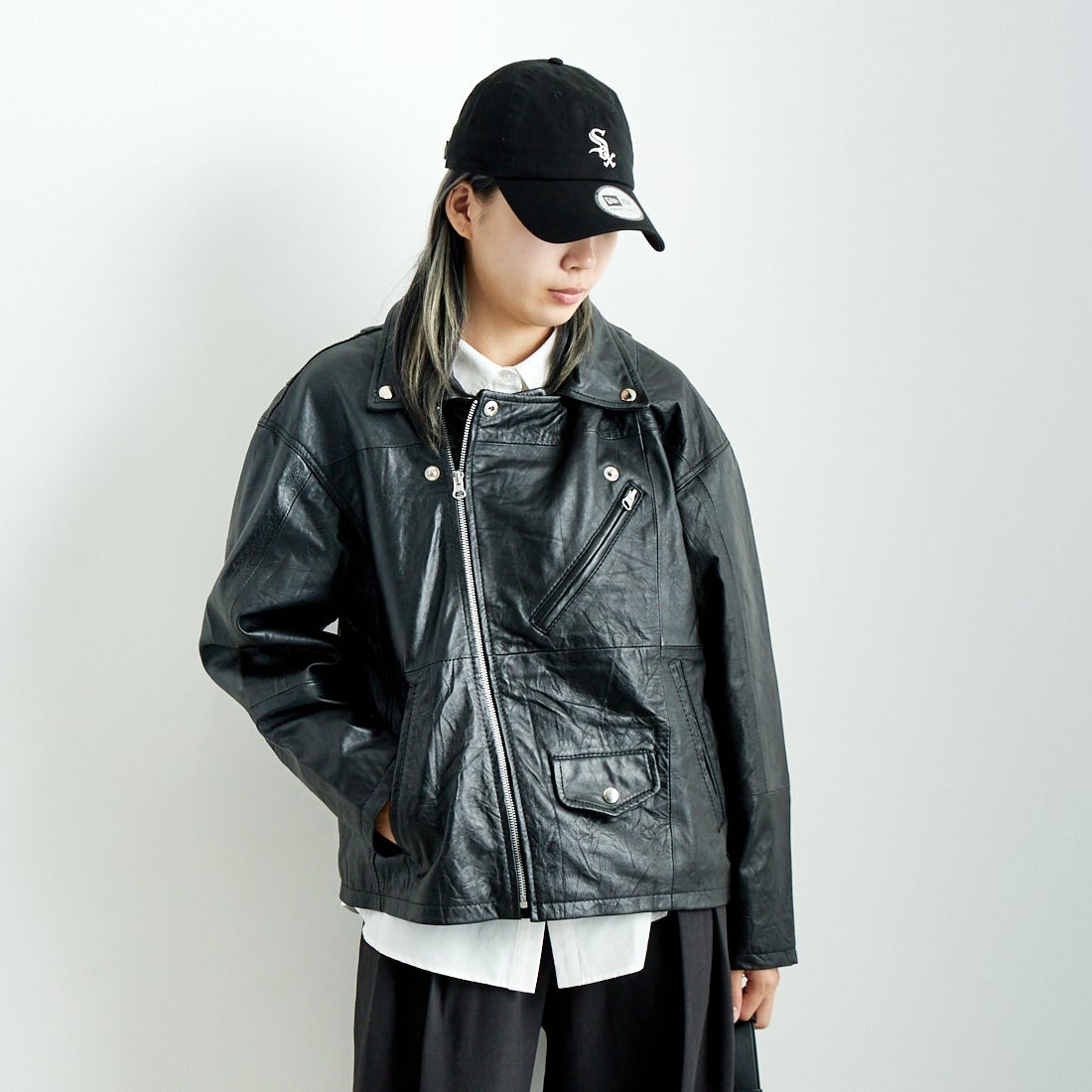 yoused [ユーズド] 別注 ライダースジャケット [JFY-244-093-FY] BLACK &&モデル身長：167cm 着用サイズ：0&&