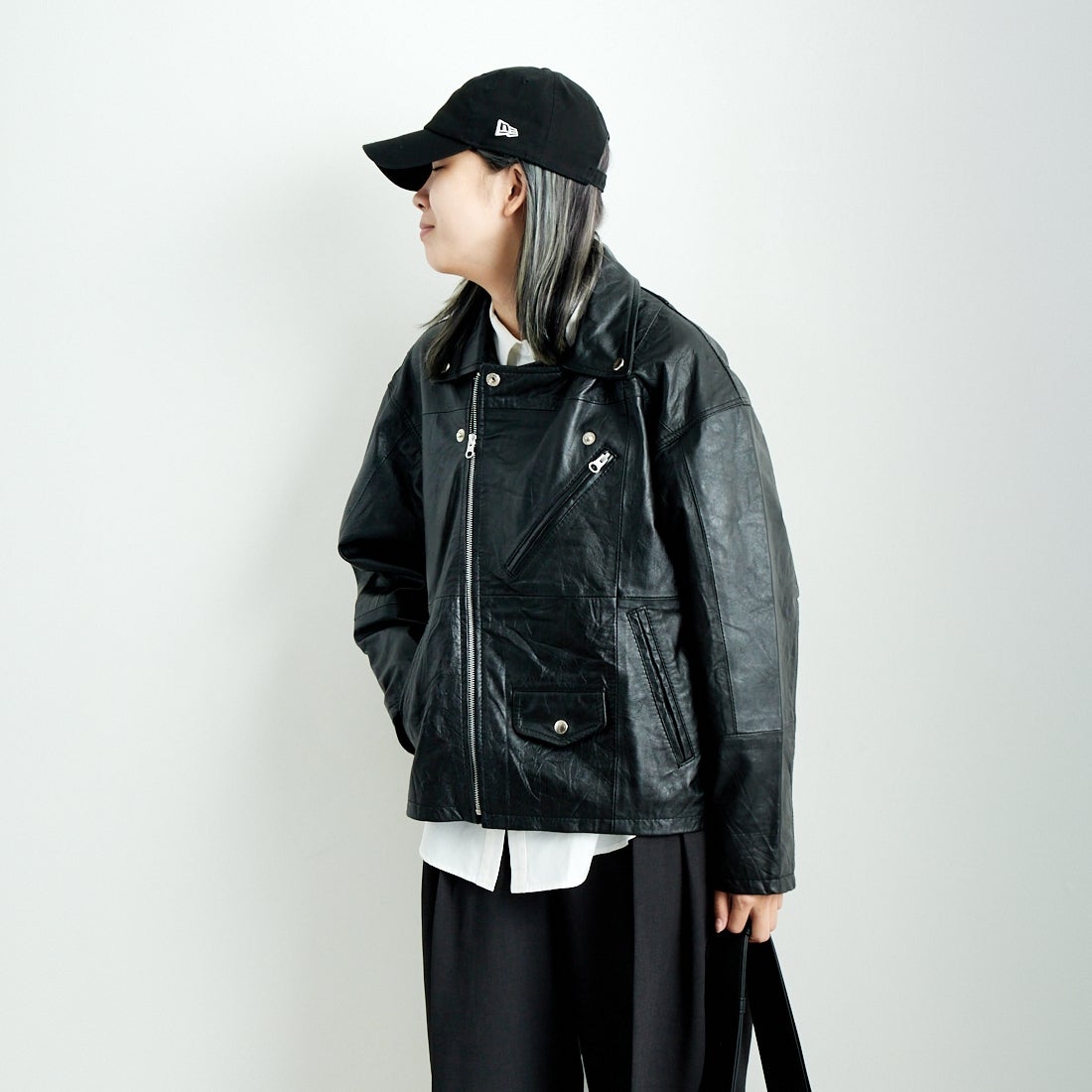 yoused [ユーズド] 別注 ライダースジャケット [JFY-244-093-FY] BLACK &&モデル身長：167cm 着用サイズ：0&&