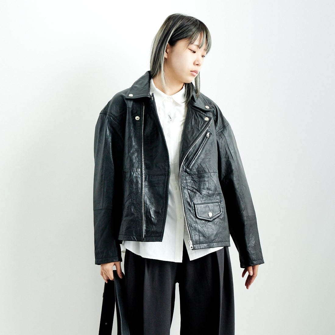 yoused [ユーズド] 別注 ライダースジャケット [JFY-244-093-FY] BLACK &&モデル身長：167cm 着用サイズ：0&&