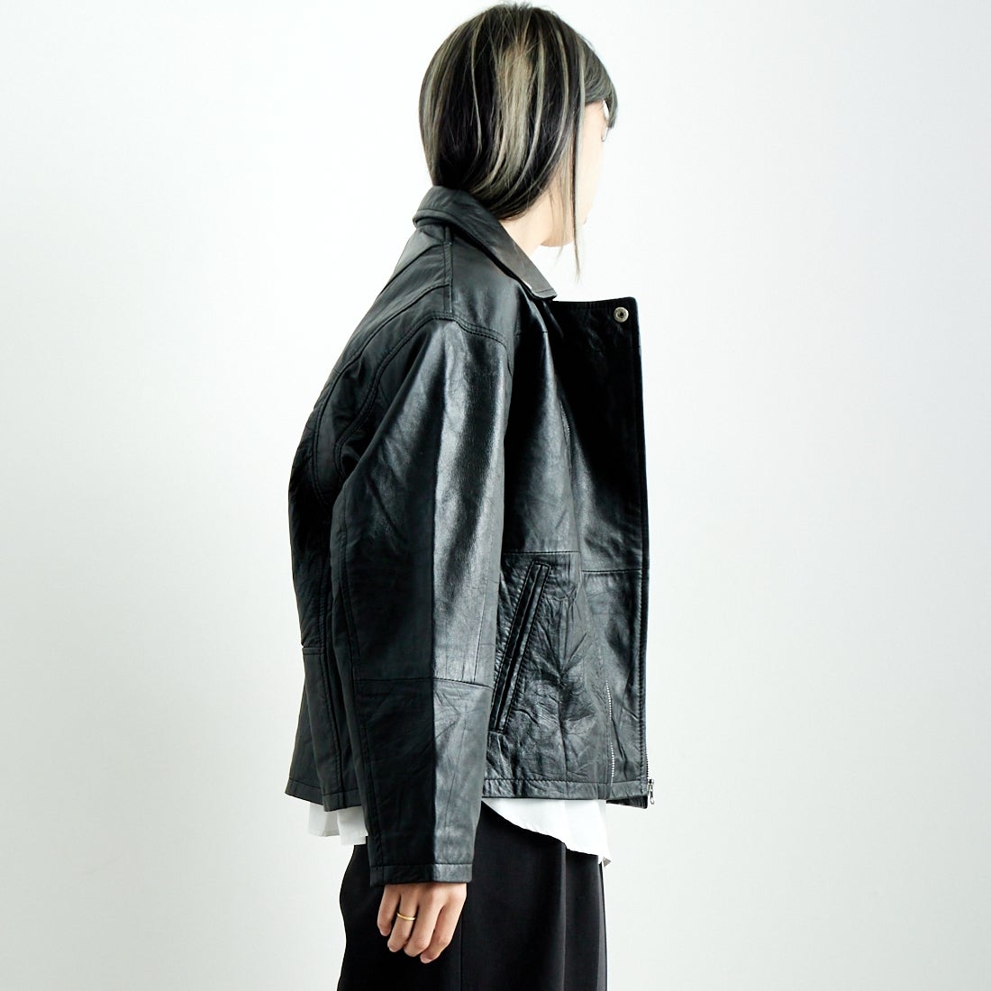 yoused [ユーズド] 別注 ライダースジャケット [JFY-244-093-FY] BLACK &&モデル身長：167cm 着用サイズ：0&&