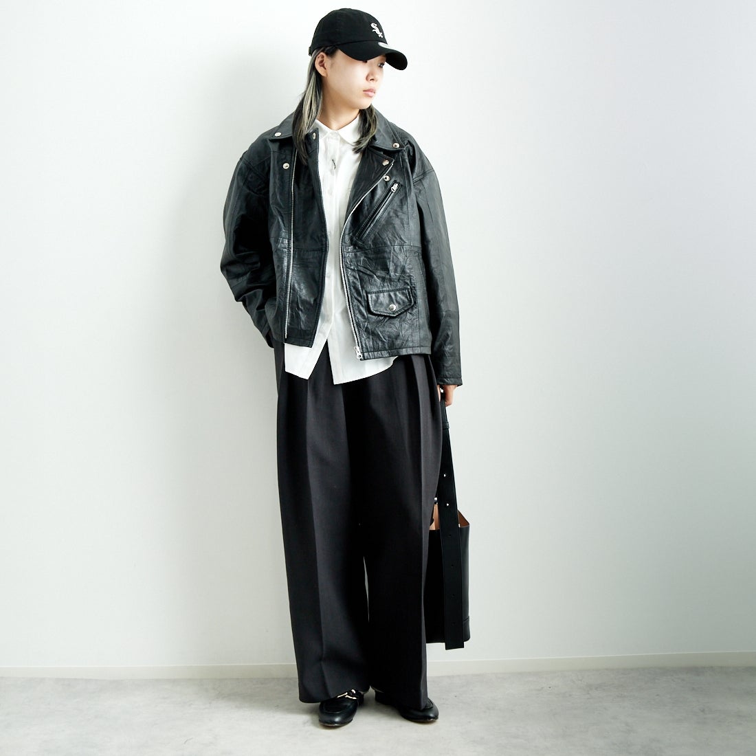 yoused [ユーズド] 別注 ライダースジャケット [JFY-244-093-FY] BLACK &&モデル身長：167cm 着用サイズ：0&&