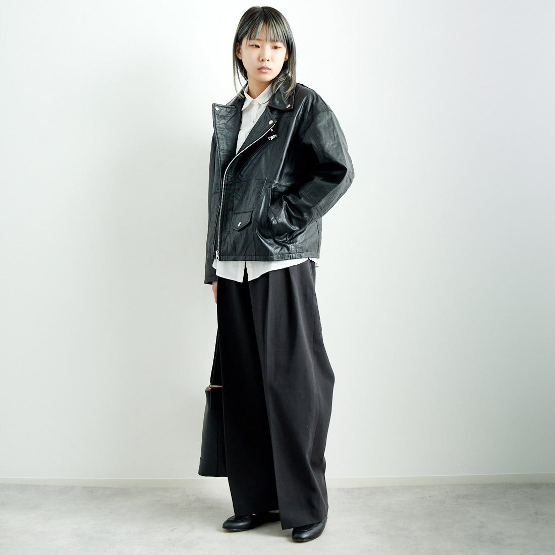 yoused [ユーズド] 別注 ライダースジャケット [JFY-244-093-FY] BLACK &&モデル身長：167cm 着用サイズ：0&&