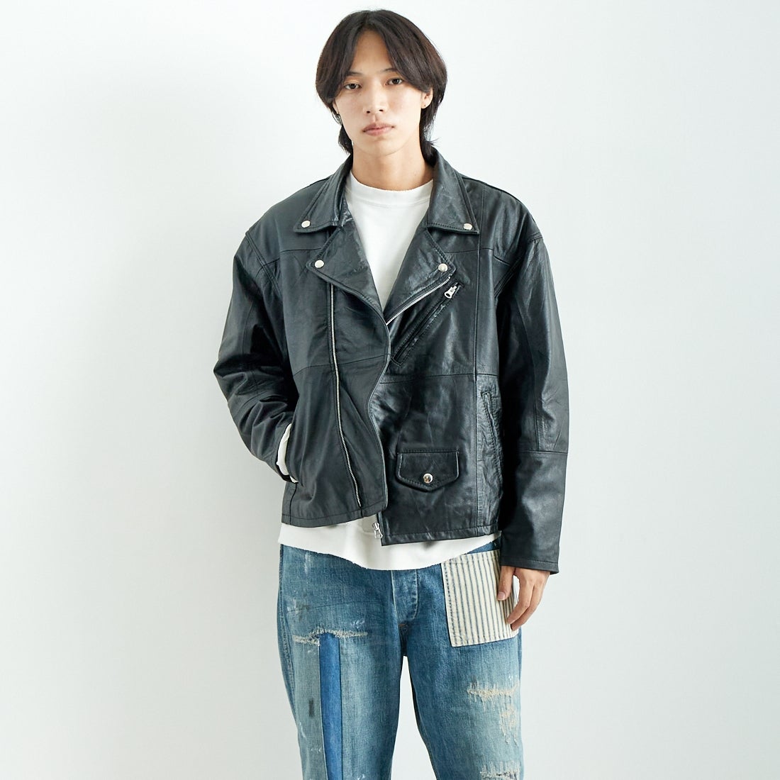 yoused [ユーズド] 別注 ライダースジャケット [JFY-244-093-FY] BLACK &&モデル身長：179cm 着用サイズ：2&&