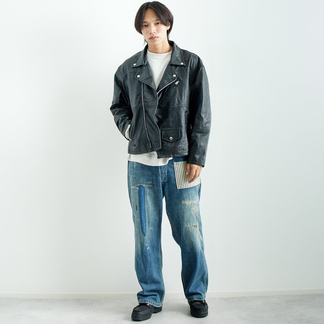 yoused [ユーズド] 別注 ライダースジャケット [JFY-244-093-FY] BLACK &&モデル身長：179cm 着用サイズ：2&&