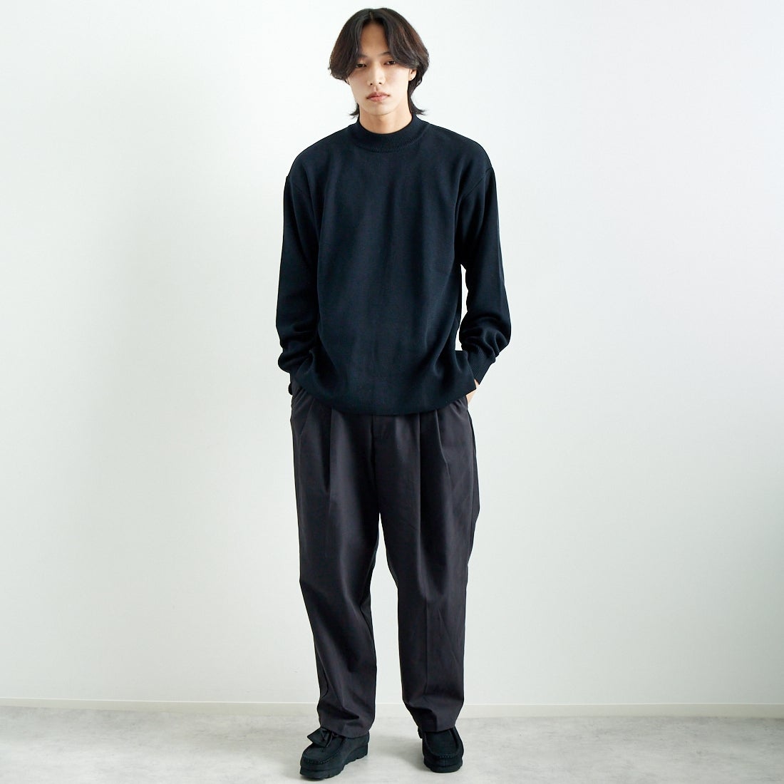 Noir Fabrik [ヌワールファブリック] ミラノリブモックネックニット [NF-244-068] BLK &&モデル身長：179cm 着用サイズ：L&&