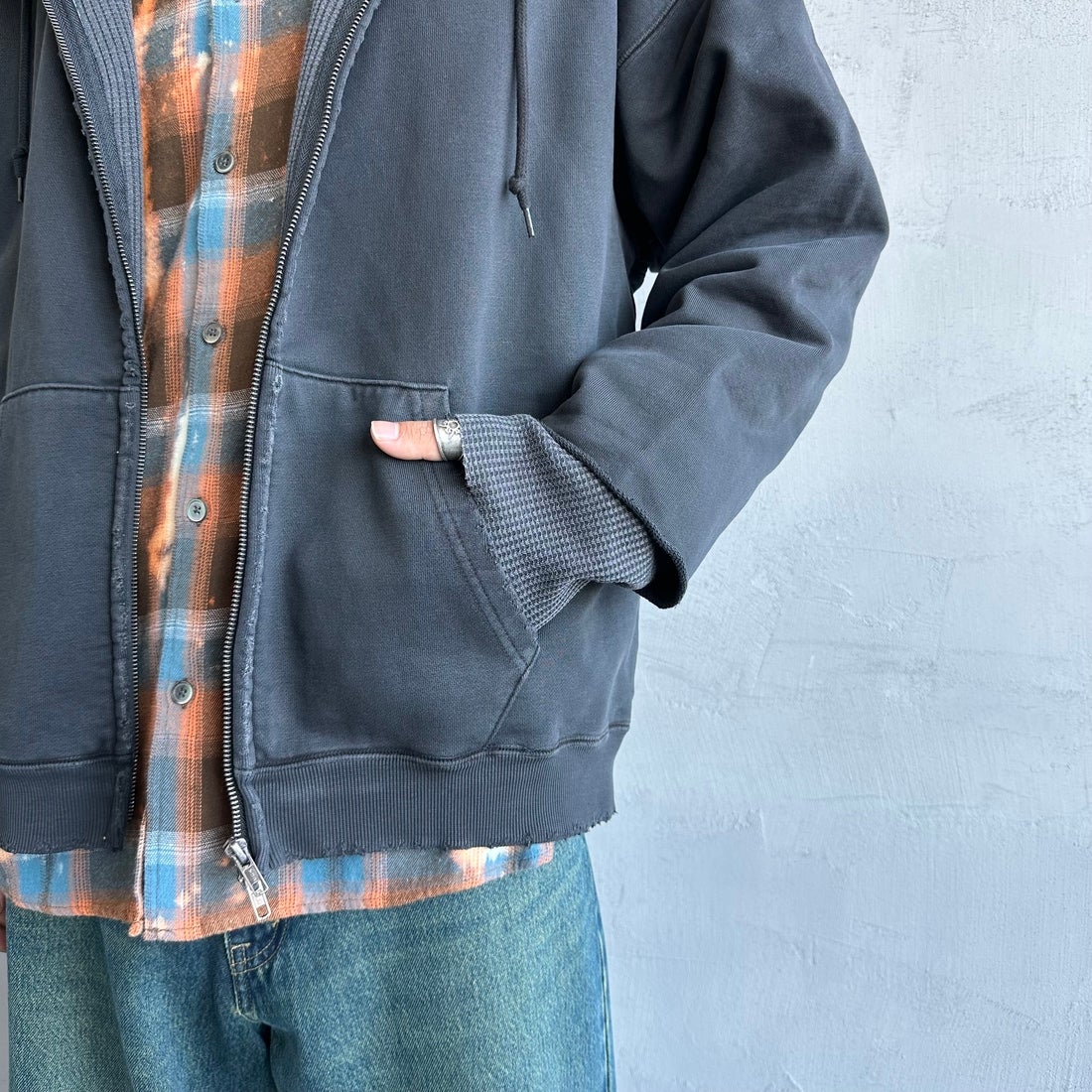 Jeans Factory Clothes [ジーンズファクトリークローズ] ピグメント ヘビー裏毛サーマルカットジップパーカー [2423-INM1] BLACK