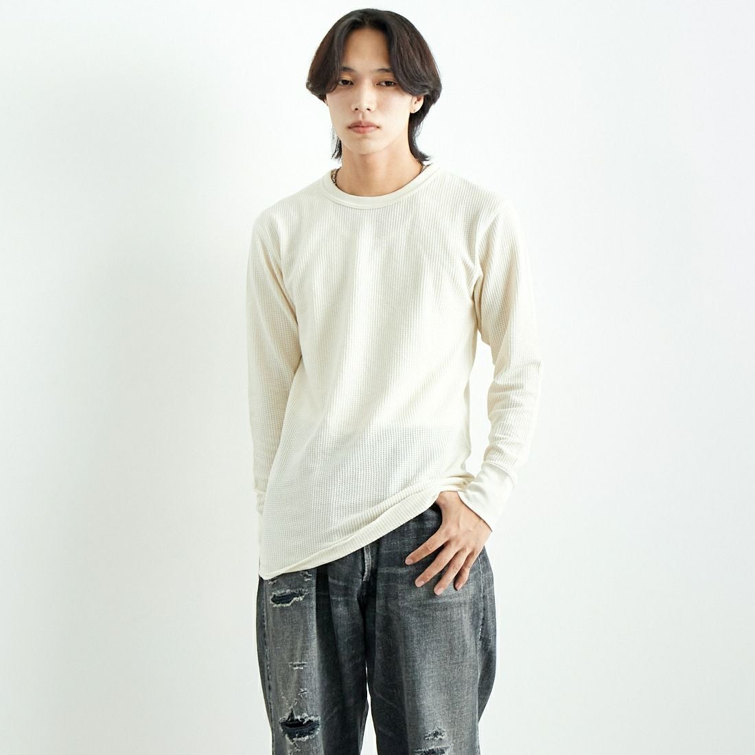 JE MORGAN [ジェイイーモーガン] ワッフルクルーネック長袖Tシャツ
