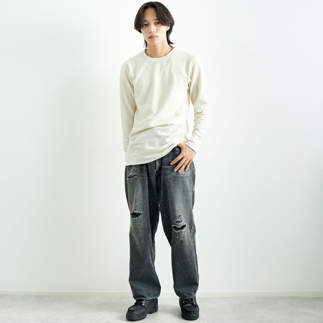 JE MORGAN [ジェイイーモーガン] ワッフルクルーネック長袖Tシャツ