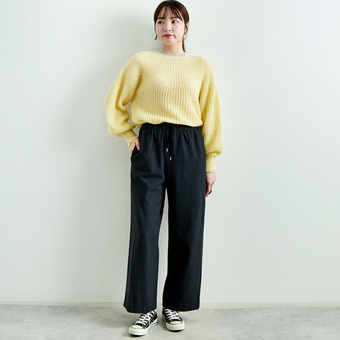 Jeans Factory Clothes [ジーンズファクトリークローズ] ホールガーメント モヘアプルオーバー [114-2063] ｲｴﾛｰ &&モデル身長：167cm 着用サイズ：F&&