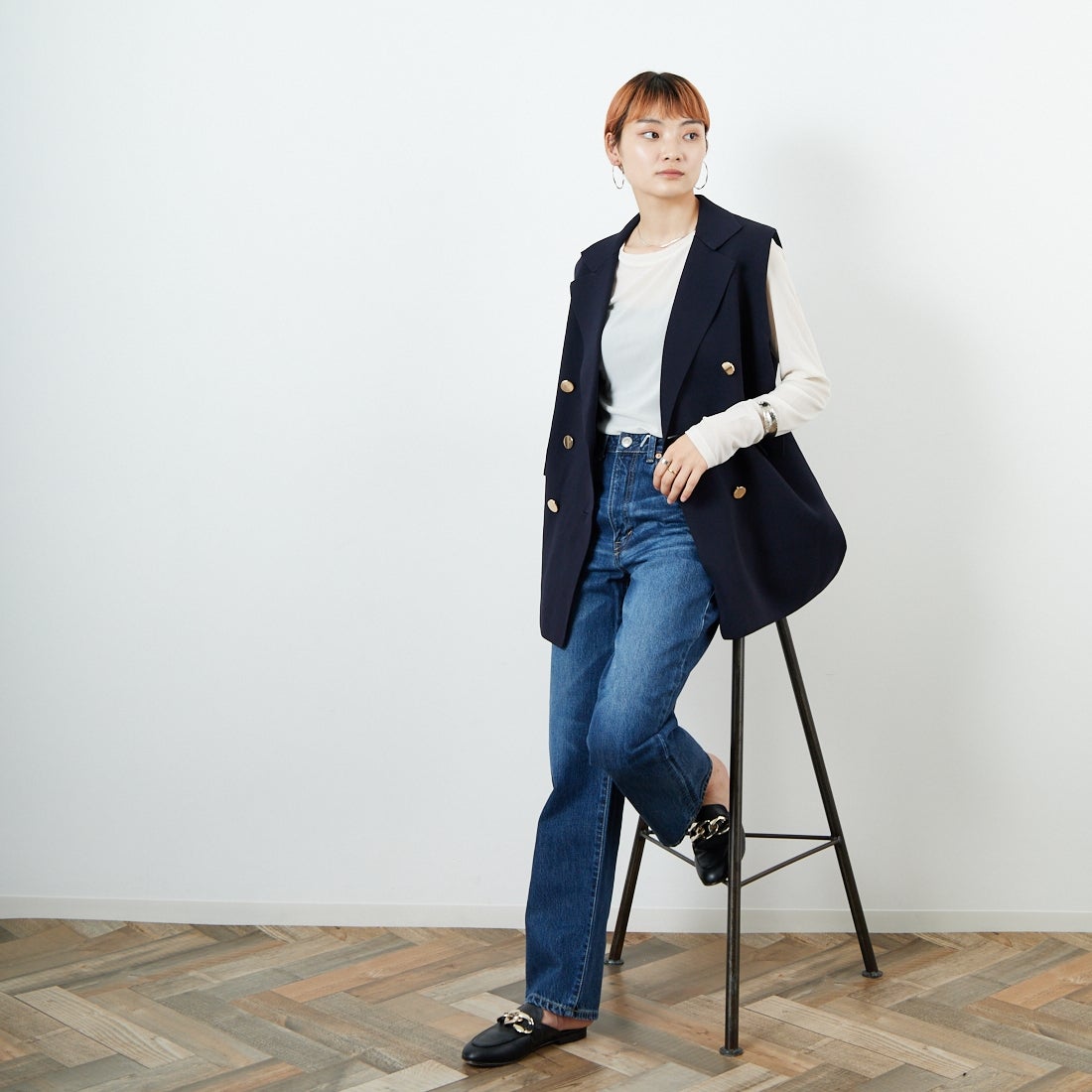 SOMETHING [サムシング] ELSA ヴィンテージストレートデニムパンツ [SEA13] 36 MID BLU &&モデル身長：160cm 着用サイズ：S&&