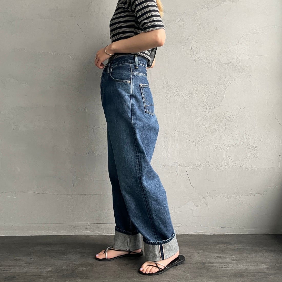 SOMETHING [サムシング] スーパーハイライズワイドストレートデニムパンツ [SA1000] 36 M.BLUE&&モデル身長：156cm　着用サイズ：S&&