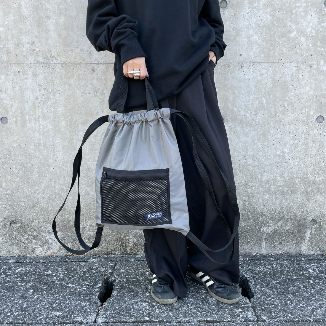 JULY NINE [ジュライナイン] 別注 メッシュポケット ナイロンナップサック [JLN2001001-JF] GREY