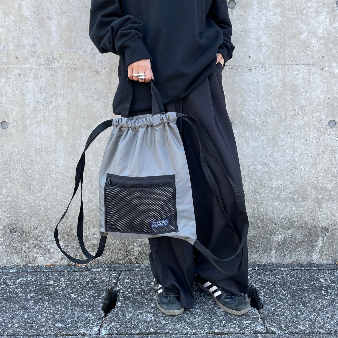 JULY NINE [ジュライナイン] 別注 メッシュポケット ナイロンナップサック [JLN2001001-JF] GREY