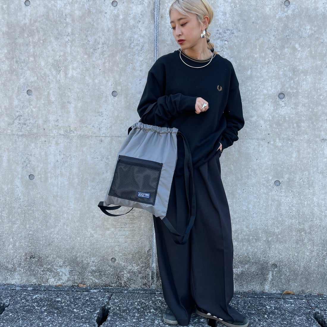 JULY NINE [ジュライナイン] 別注 メッシュポケット ナイロンナップサック [JLN2001001-JF] GREY