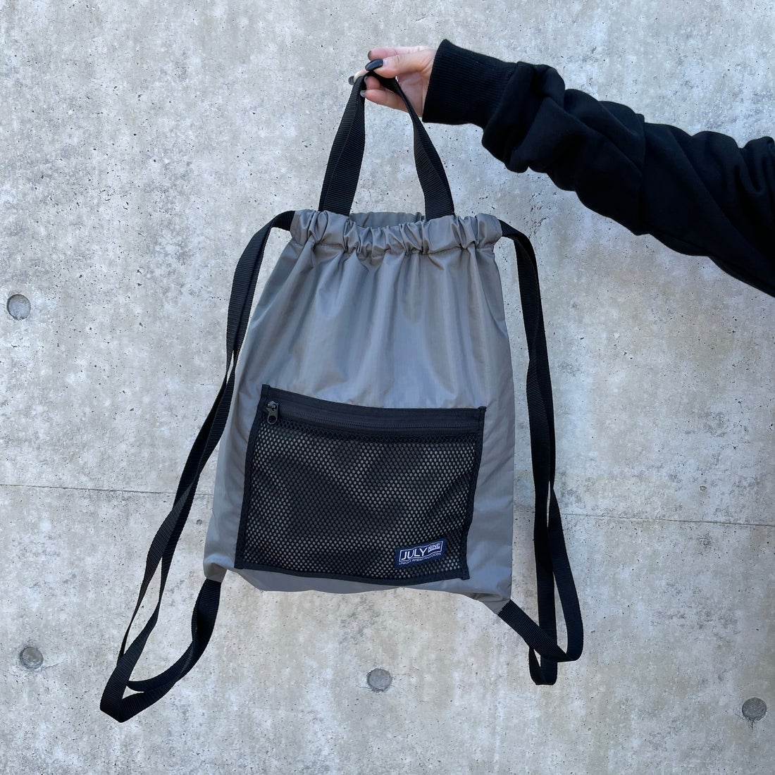 JULY NINE [ジュライナイン] 別注 メッシュポケット ナイロンナップサック [JLN2001001-JF] GREY