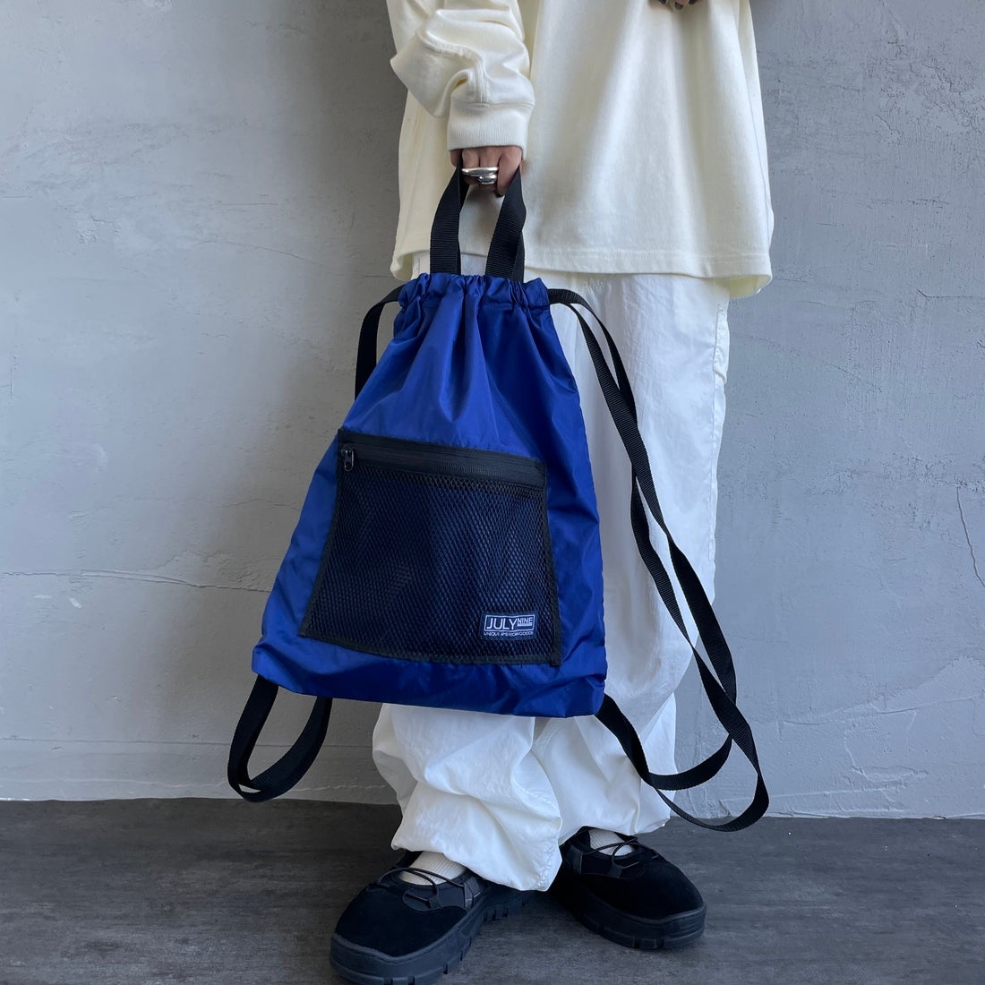 JULY NINE [ジュライナイン] 別注 メッシュポケット ナイロンナップサック [JLN2001001-JF] BLUE