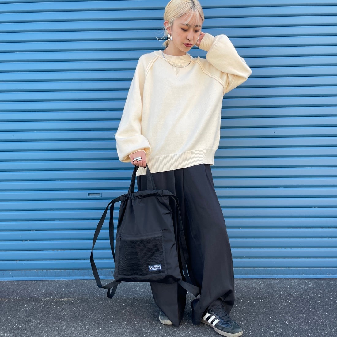 JULY NINE [ジュライナイン] 別注 メッシュポケット ナイロンナップサック [JLN2001001-JF] BLACK