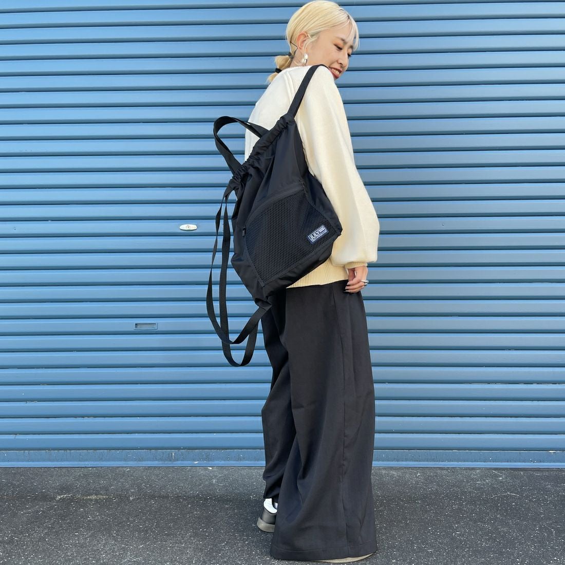 JULY NINE [ジュライナイン] 別注 メッシュポケット ナイロンナップサック [JLN2001001-JF] BLACK