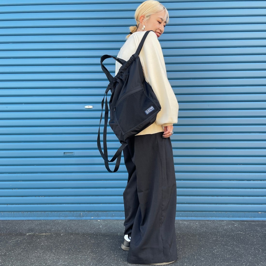 JULY NINE [ジュライナイン] 別注 メッシュポケット ナイロンナップサック [JLN2001001-JF] BLACK