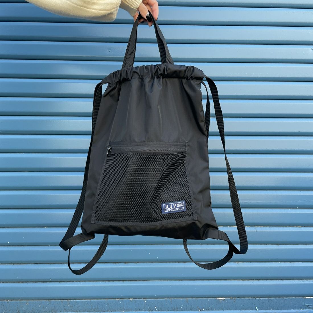 JULY NINE [ジュライナイン] 別注 メッシュポケット ナイロンナップサック [JLN2001001-JF] BLACK