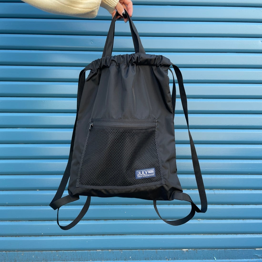 JULY NINE [ジュライナイン] 別注 メッシュポケット ナイロンナップサック [JLN2001001-JF] BLACK